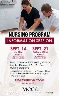 MCC flyer for Nursing Program information sessions. 